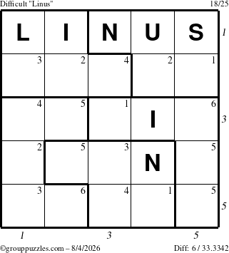 The grouppuzzles.com Difficult Linus puzzle for Tuesday August 4, 2026 with all 6 steps marked