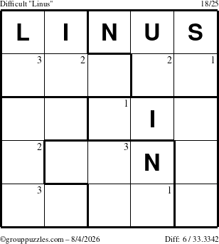 The grouppuzzles.com Difficult Linus puzzle for Tuesday August 4, 2026 with the first 3 steps marked