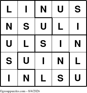 The grouppuzzles.com Answer grid for the Linus puzzle for Tuesday August 4, 2026
