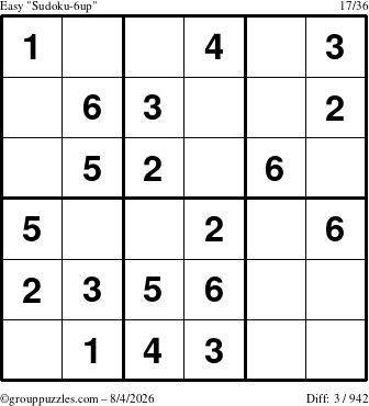 The grouppuzzles.com Easy Sudoku-6up puzzle for Tuesday August 4, 2026