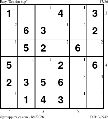 The grouppuzzles.com Easy Sudoku-6up puzzle for Tuesday August 4, 2026 with all 3 steps marked