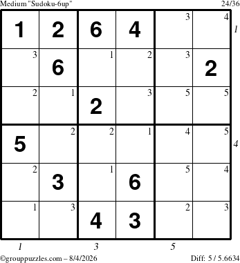 The grouppuzzles.com Medium Sudoku-6up puzzle for Tuesday August 4, 2026, suitable for printing, with all 5 steps marked