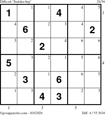 The grouppuzzles.com Difficult Sudoku-6up puzzle for Tuesday August 4, 2026, suitable for printing, with all 6 steps marked