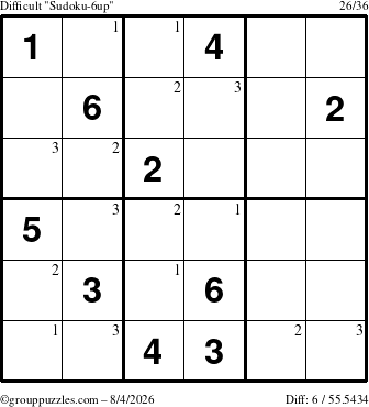 The grouppuzzles.com Difficult Sudoku-6up puzzle for Tuesday August 4, 2026 with the first 3 steps marked