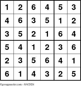 The grouppuzzles.com Answer grid for the Sudoku-6up puzzle for Tuesday August 4, 2026