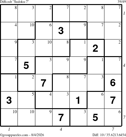 The grouppuzzles.com Difficult Sudoku-7 puzzle for Tuesday August 4, 2026, suitable for printing, with all 10 steps marked