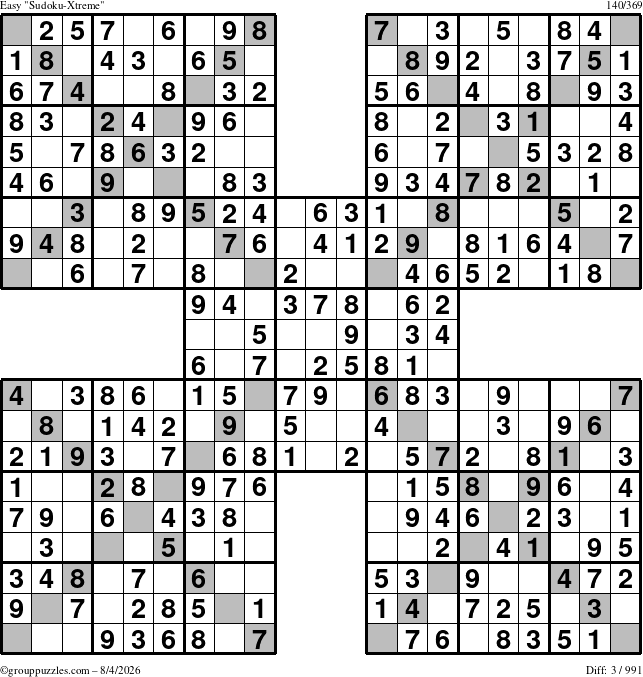 The grouppuzzles.com Easy Sudoku-Xtreme puzzle for Tuesday August 4, 2026