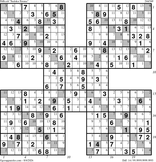The grouppuzzles.com Difficult Sudoku-Xtreme puzzle for Tuesday August 4, 2026 with all 14 steps marked