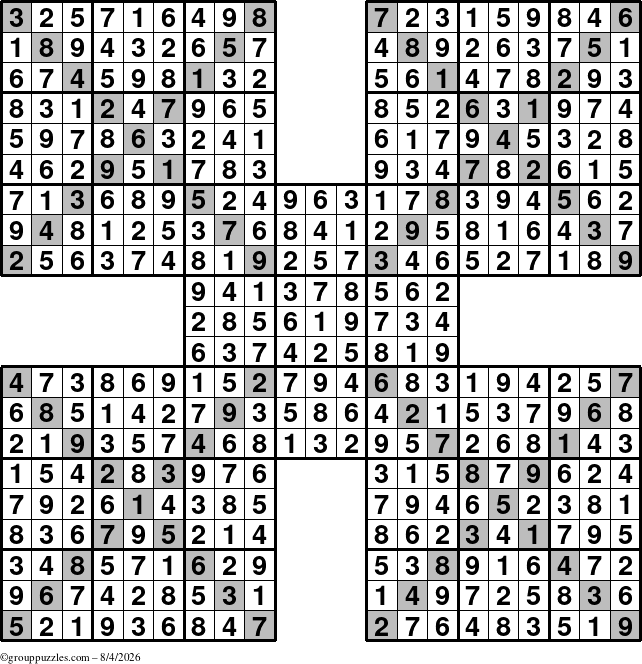 The grouppuzzles.com Answer grid for the Sudoku-Xtreme puzzle for Tuesday August 4, 2026