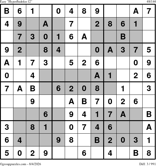 The grouppuzzles.com Easy HyperSudoku-12 puzzle for Tuesday August 4, 2026