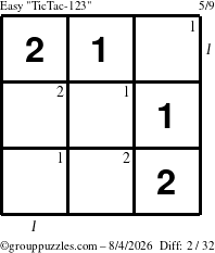 The grouppuzzles.com Easy TicTac-123 puzzle for Tuesday August 4, 2026, suitable for printing, with all 2 steps marked