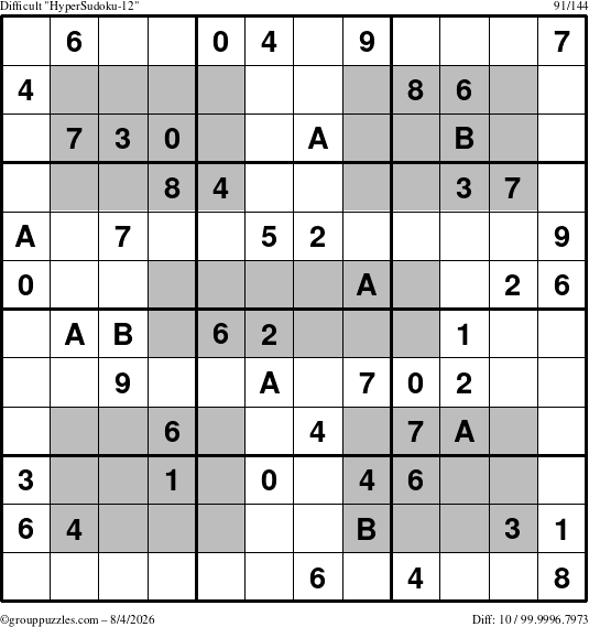 The grouppuzzles.com Difficult HyperSudoku-12 puzzle for Tuesday August 4, 2026
