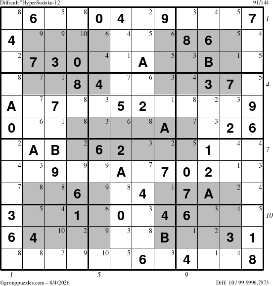 The grouppuzzles.com Difficult HyperSudoku-12 puzzle for Tuesday August 4, 2026, suitable for printing, with all 10 steps marked