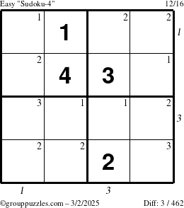 The grouppuzzles.com Easy Sudoku-4 puzzle for Sunday March 2, 2025, suitable for printing, with all 3 steps marked