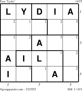 The grouppuzzles.com Easy Lydia puzzle for Sunday March 2, 2025, suitable for printing, with all 3 steps marked