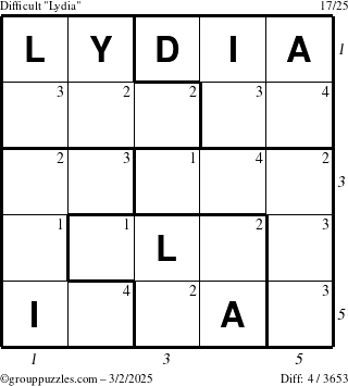 The grouppuzzles.com Difficult Lydia puzzle for Sunday March 2, 2025 with all 4 steps marked