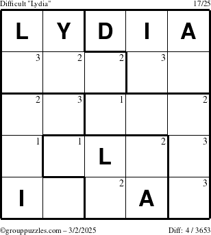 The grouppuzzles.com Difficult Lydia puzzle for Sunday March 2, 2025 with the first 3 steps marked