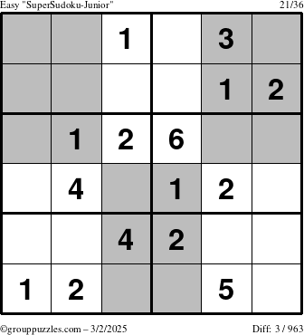 The grouppuzzles.com Easy SuperSudoku-Junior puzzle for Sunday March 2, 2025