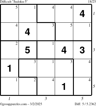 The grouppuzzles.com Difficult Sudoku-5 puzzle for Sunday March 2, 2025 with all 5 steps marked