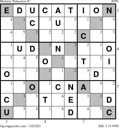 The grouppuzzles.com Medium Education-X puzzle for Sunday March 2, 2025 with all 5 steps marked
