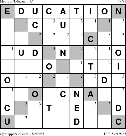 The grouppuzzles.com Medium Education-X puzzle for Sunday March 2, 2025 with the first 3 steps marked