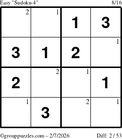The grouppuzzles.com Easy Sudoku-4 puzzle for Saturday February 7, 2026 with the first 2 steps marked
