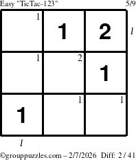 The grouppuzzles.com Easy TicTac-123 puzzle for Saturday February 7, 2026 with all 2 steps marked