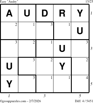 The grouppuzzles.com Easy Audry puzzle for Saturday February 7, 2026 with all 4 steps marked