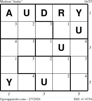The grouppuzzles.com Medium Audry puzzle for Saturday February 7, 2026, suitable for printing, with all 4 steps marked