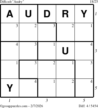 The grouppuzzles.com Difficult Audry puzzle for Saturday February 7, 2026 with all 4 steps marked
