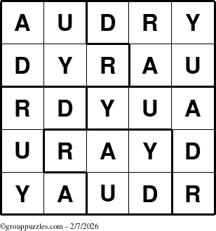 The grouppuzzles.com Answer grid for the Audry puzzle for Saturday February 7, 2026
