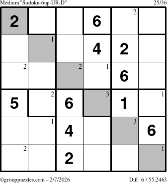 The grouppuzzles.com Medium Sudoku-6up-UR-D puzzle for Saturday February 7, 2026 with the first 3 steps marked