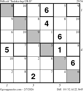 The grouppuzzles.com Difficult Sudoku-6up-UR-D puzzle for Saturday February 7, 2026 with all 10 steps marked