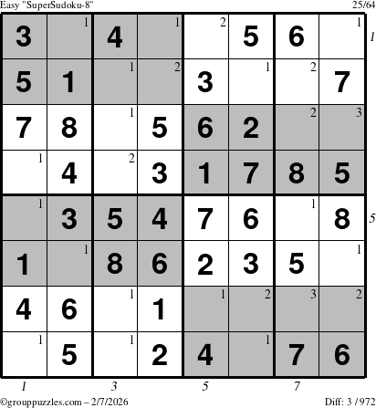The grouppuzzles.com Easy SuperSudoku-8 puzzle for Saturday February 7, 2026 with all 3 steps marked