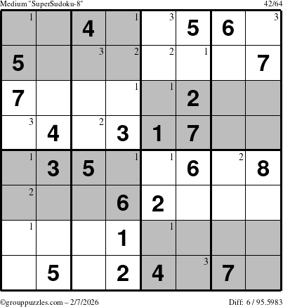 The grouppuzzles.com Medium SuperSudoku-8 puzzle for Saturday February 7, 2026 with the first 3 steps marked
