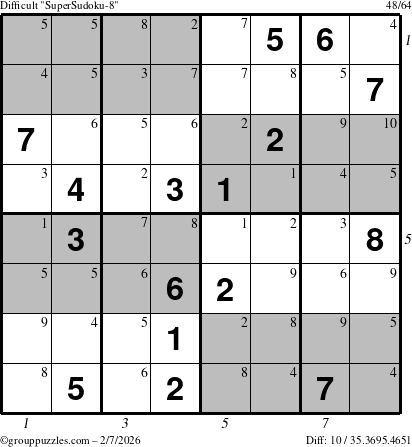 The grouppuzzles.com Difficult SuperSudoku-8 puzzle for Saturday February 7, 2026, suitable for printing, with all 10 steps marked