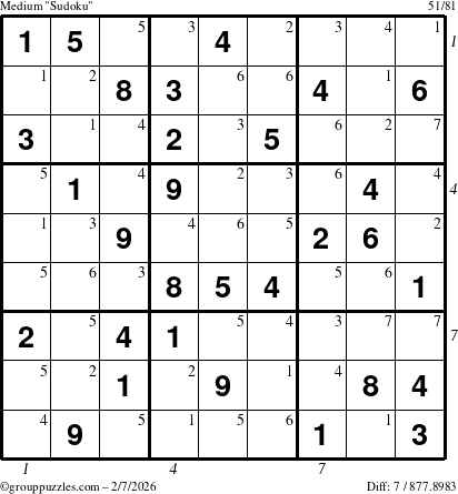 The grouppuzzles.com Medium Sudoku puzzle for Saturday February 7, 2026 with all 7 steps marked