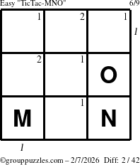 The grouppuzzles.com Easy TicTac-MNO puzzle for Saturday February 7, 2026 with all 2 steps marked