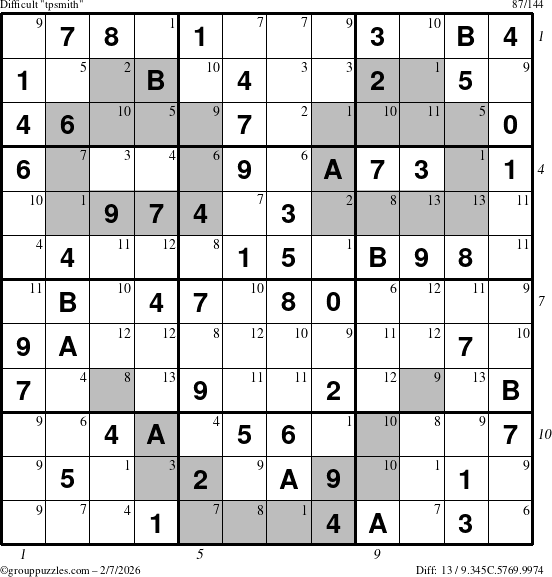 The grouppuzzles.com Difficult tpsmith puzzle for Saturday February 7, 2026 with all 13 steps marked