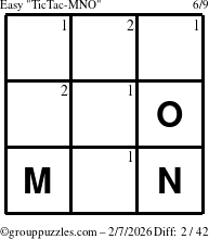 The grouppuzzles.com Easy TicTac-MNO puzzle for Saturday February 7, 2026 with the first 2 steps marked