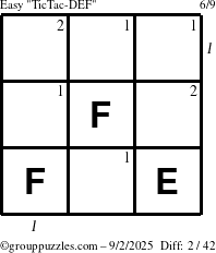 The grouppuzzles.com Easy TicTac-DEF puzzle for Tuesday September 2, 2025 with all 2 steps marked