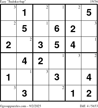 The grouppuzzles.com Easy Sudoku-6up puzzle for Tuesday September 2, 2025 with the first 3 steps marked