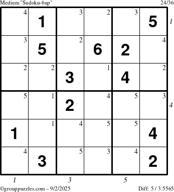The grouppuzzles.com Medium Sudoku-6up puzzle for Tuesday September 2, 2025 with all 5 steps marked