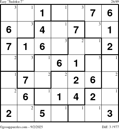 The grouppuzzles.com Easy Sudoku-7 puzzle for Tuesday September 2, 2025 with the first 3 steps marked