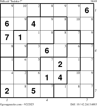 The grouppuzzles.com Difficult Sudoku-7 puzzle for Tuesday September 2, 2025 with all 10 steps marked