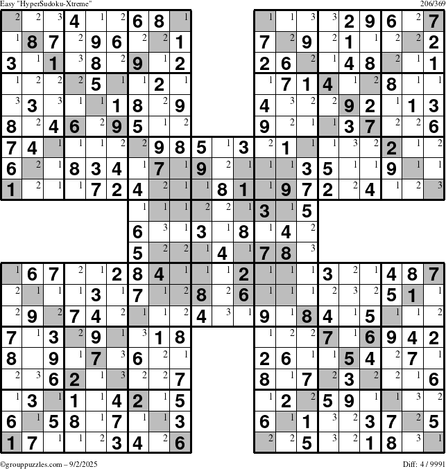 The grouppuzzles.com Easy HyperSudoku-Xtreme puzzle for Tuesday September 2, 2025 with the first 3 steps marked