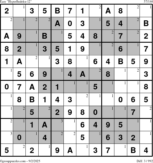 The grouppuzzles.com Easy HyperSudoku-12 puzzle for Tuesday September 2, 2025 with the first 3 steps marked