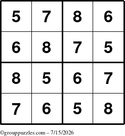 The grouppuzzles.com Answer grid for the Sudoku-4-5678 puzzle for Wednesday July 15, 2026