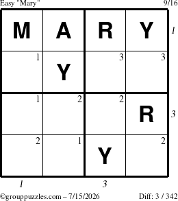 The grouppuzzles.com Easy Mary puzzle for Wednesday July 15, 2026, suitable for printing, with all 3 steps marked