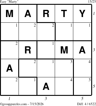 The grouppuzzles.com Easy Marty puzzle for Wednesday July 15, 2026, suitable for printing, with all 4 steps marked